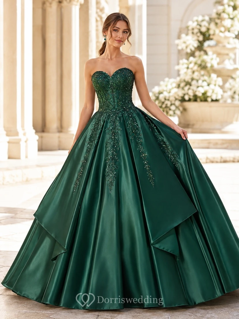 Strapless Dark Green Satin Layered Ball Gown Luxury Quinceanera Dress