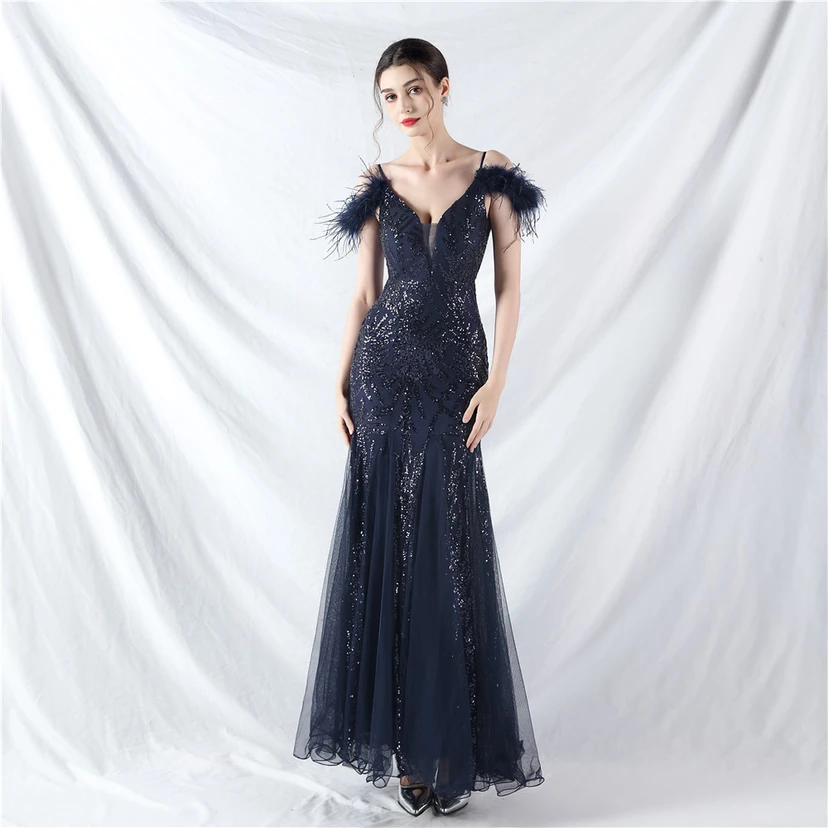 9-farbiges, handgefertigtes Abendkleid aus Kamelfedern, Netzstoff und Pailletten, sexy Trägern view 81