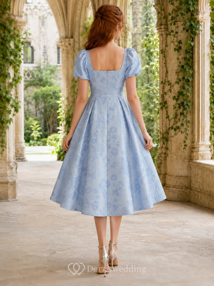 Castle Sky Blue Square Neck Jacquard Organza A-Line Tea-Length Puff Sleeve Dress view 2