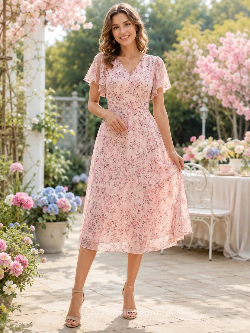 Robe de maternité rose à fleurs, portefeuille, col en V, manches à volants, en mousseline, longueur thé
