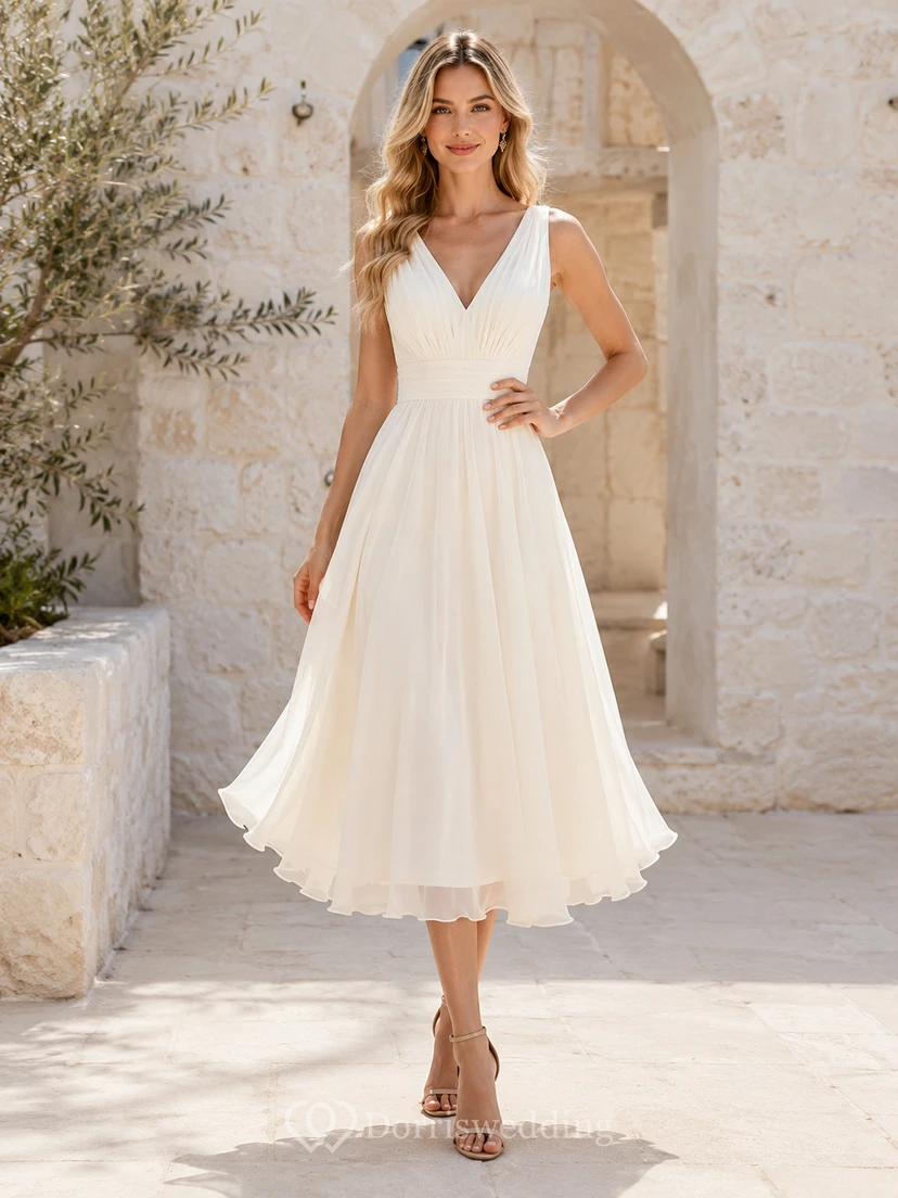 Robe de mariée plissée en mousseline, coupe trapèze, longueur thé, col en V, sans manches, dos nu en V, taille naturelle