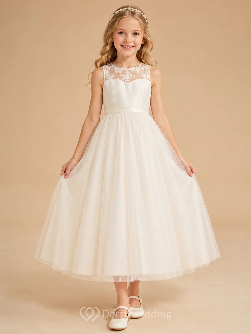 Illusion Lace Tulle A-Line Flower Girl Dress with Jewel Neck and Tea-Length Skirt