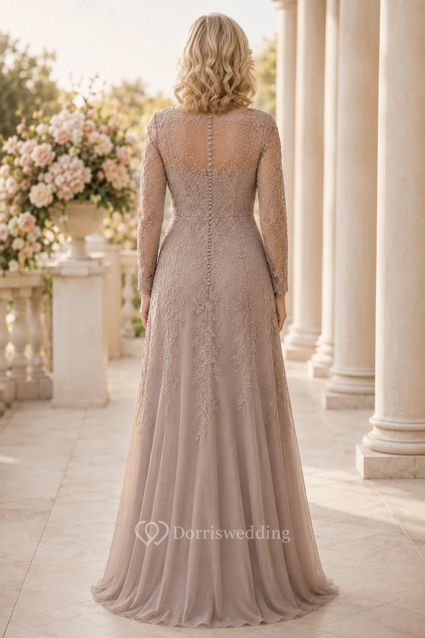 Taupe Long Sleeve Lace Bodice A-Line Mother Dress view 2