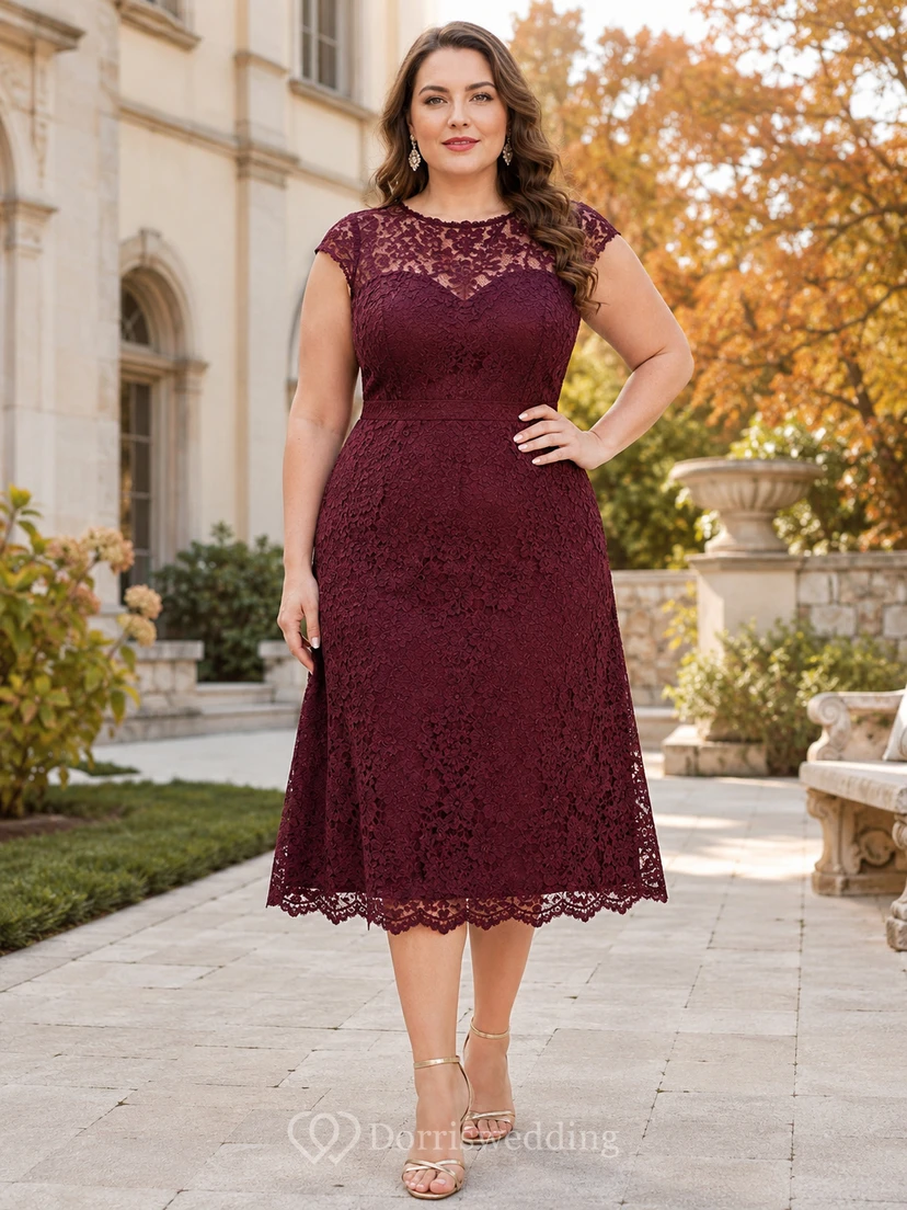 Burgundy Illusion Bateau Cap Sleeve Lace Tea Plus Size Guest Dress