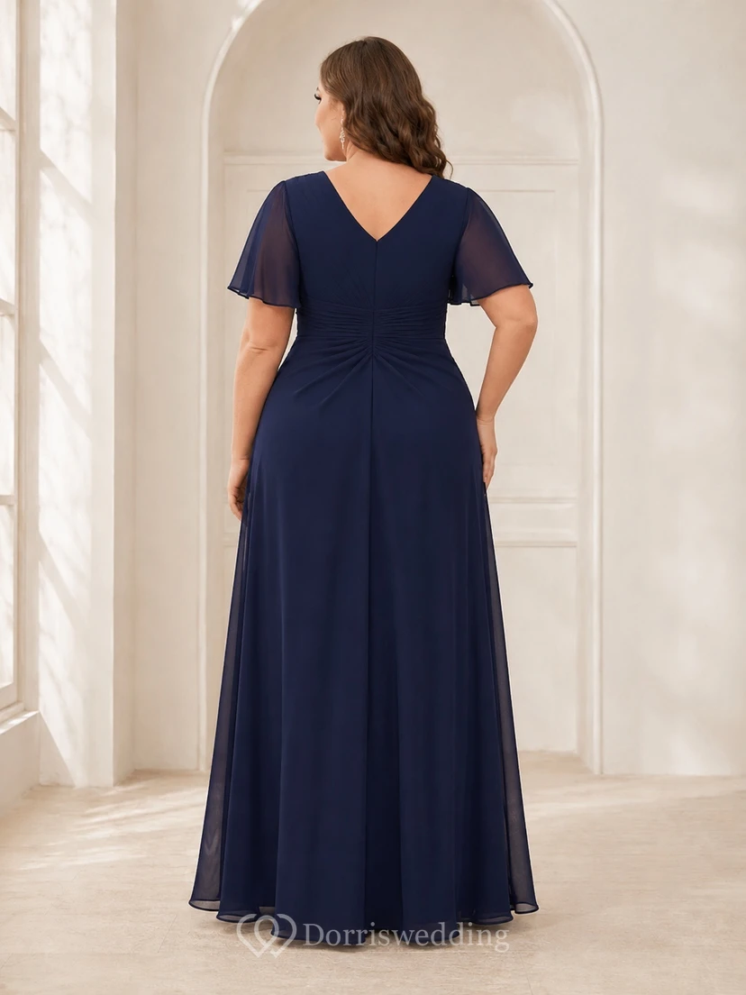 Dunkelblaues, schlichtes, gerafftes Jersey-Abendkleid mit kurzen Ärmeln und A-Linien-Schnitt view 2