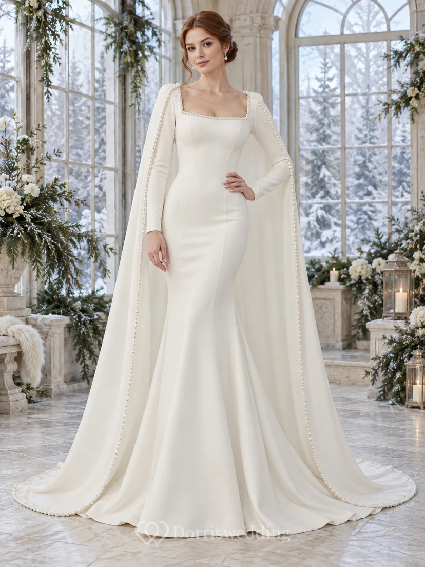 Vestido de novia de invierno estilo sirena con cuello cuadrado, manga larga y capa de crepé con borde de perlas.