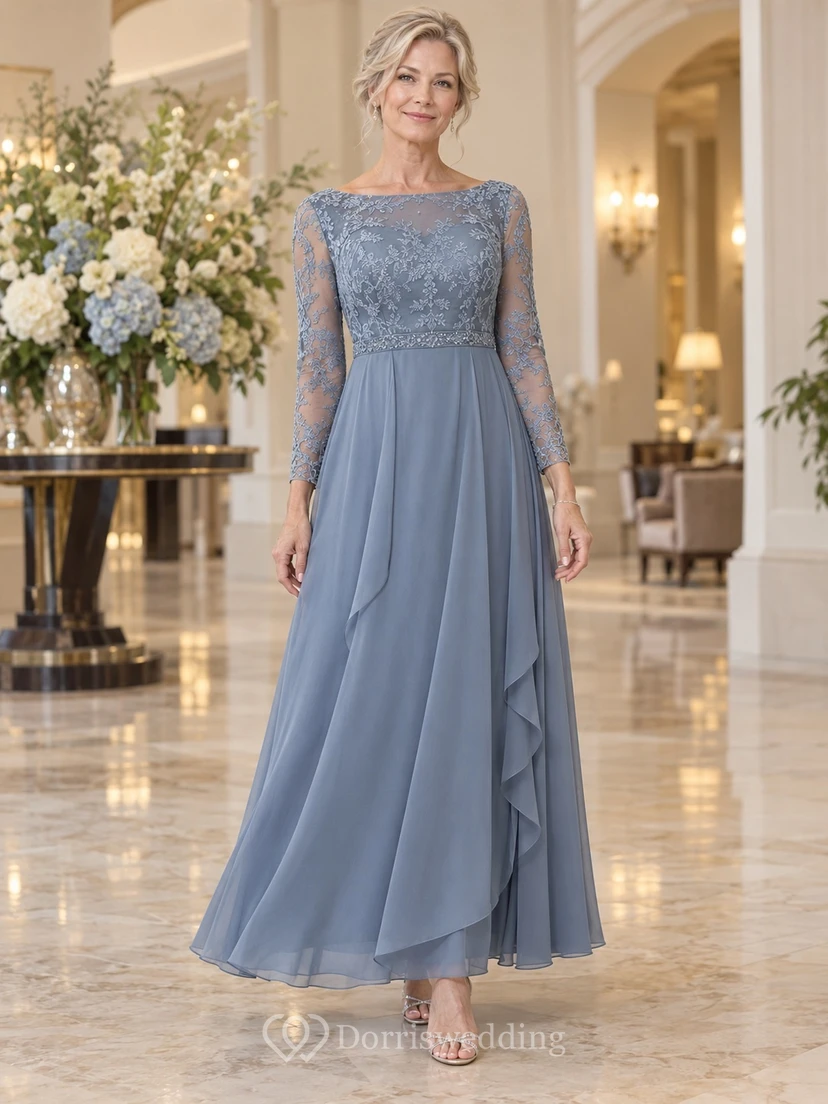 Staubblaues Brautmutterkleid im Empire-Stil, A-Linie, Teelänge, U-Boot-Ausschnitt, lange Ärmel, drapiert, aus Spitze