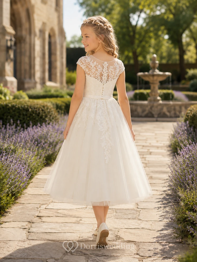 Robe de communion en tulle à manches courtes effet bateau, style jardin view 2