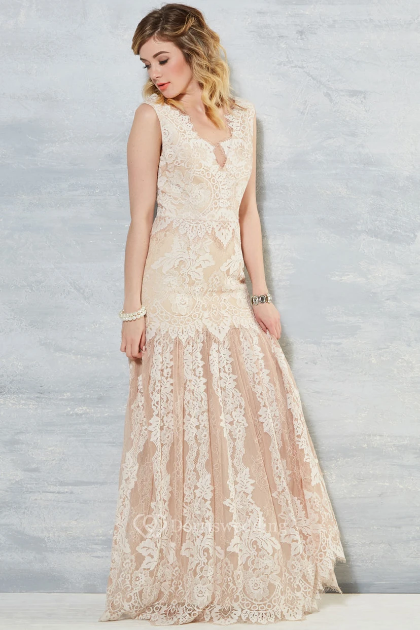 Sheath Sleeveless V-Neck Long Lace Wedding Dress With Appliques And V Back