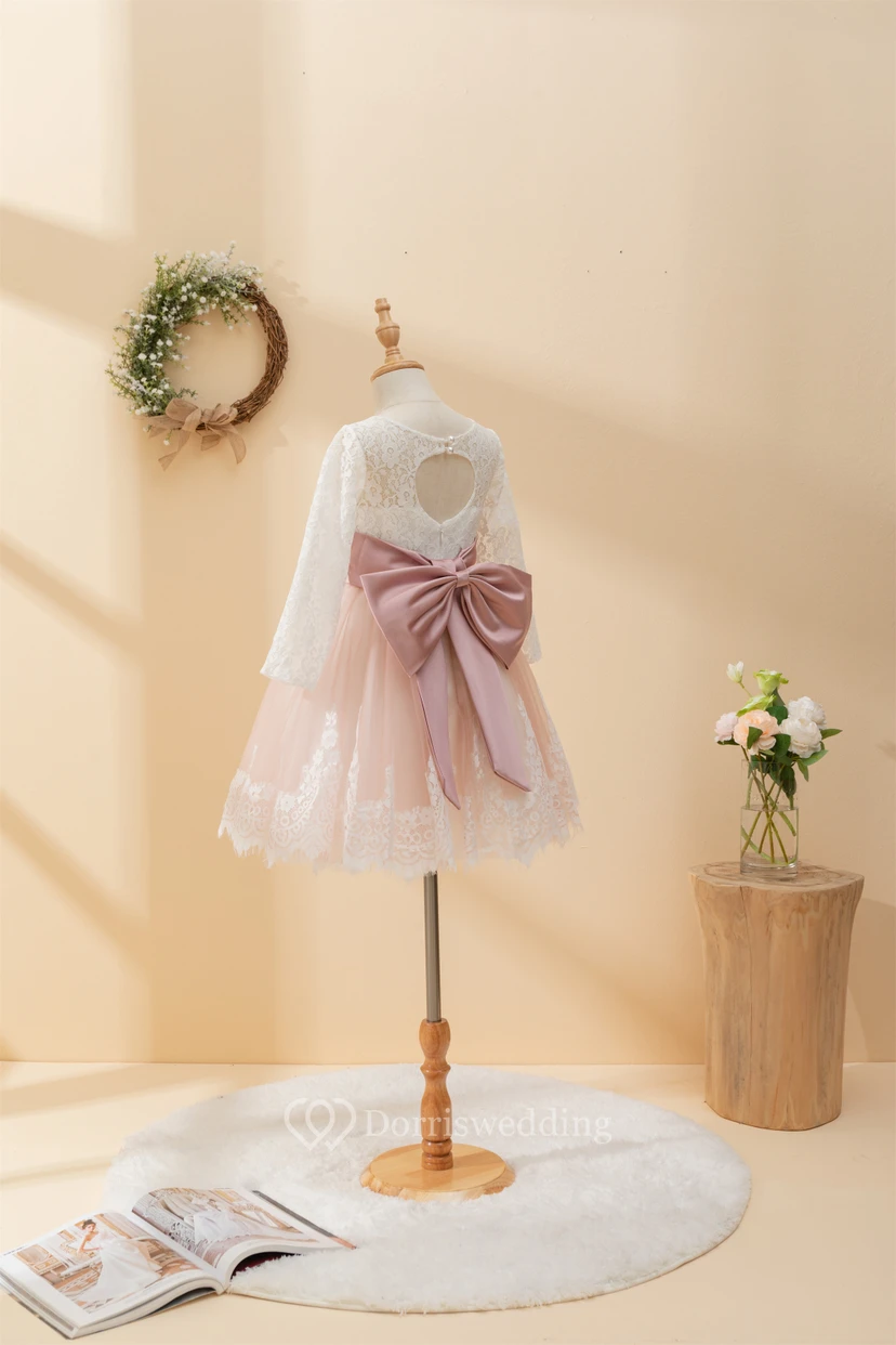 Lace Two-Tone Long Sleeve Short White and Coral Flowergirl Dress view 5
