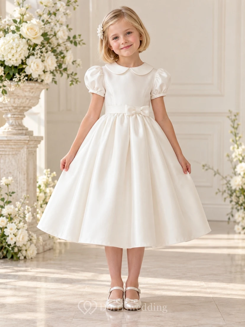 Ivory Peter Pan Collar Puff Sleeve Tea-length Flower Girl Dress