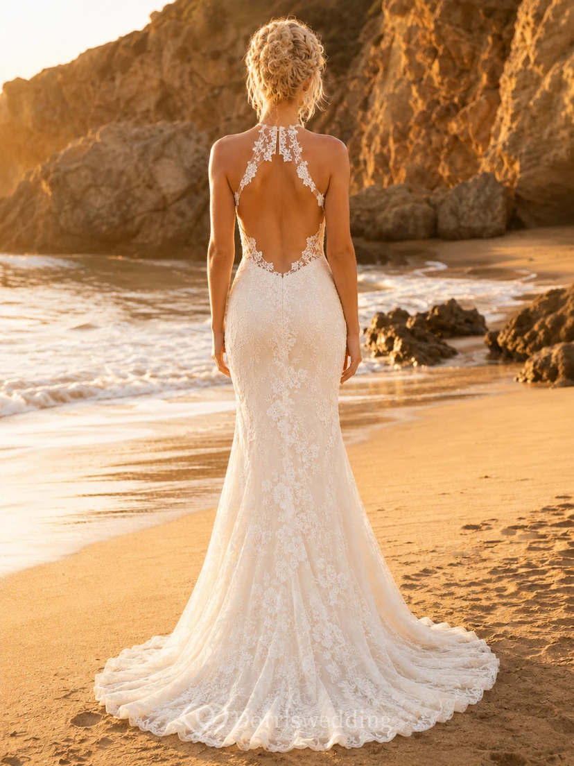Vestido de novia de sirena playero con escote halter y espalda descubierta de encaje view 2