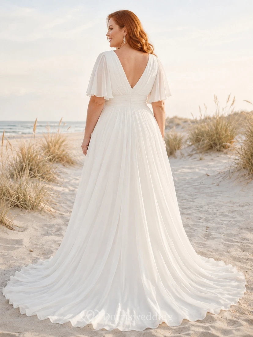 Plus-Size Flutter V-Neck A-Line Floor-Length Short-Sleeve Chiffon Beach Bridal Gown view 2