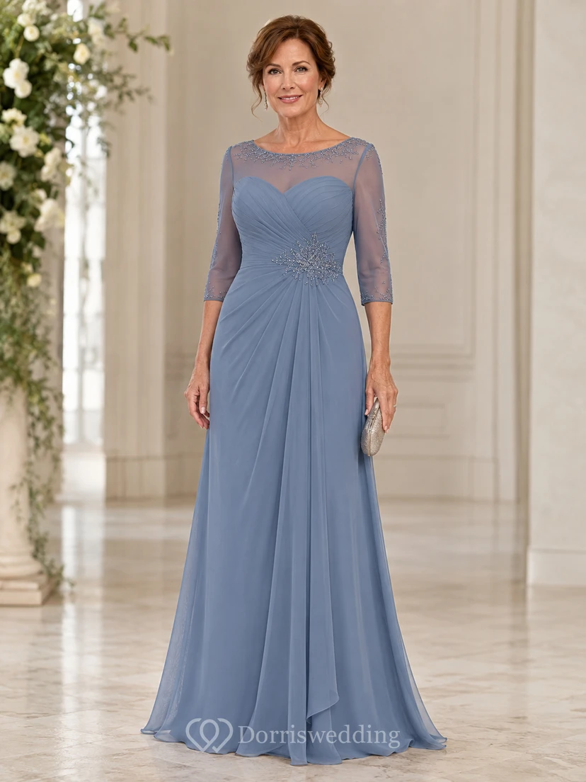 Steel Blue Illusion Sleeve Mother Gown Steel Blue Bateau Jewel A-Line Floor-length
