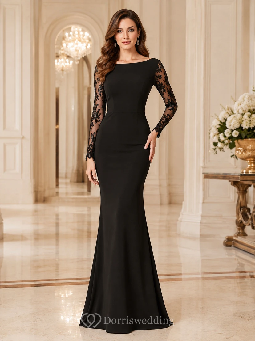 Elegante vestido de noche formal de manga larga, estilo sirena, color negro, con escote barco y encaje.