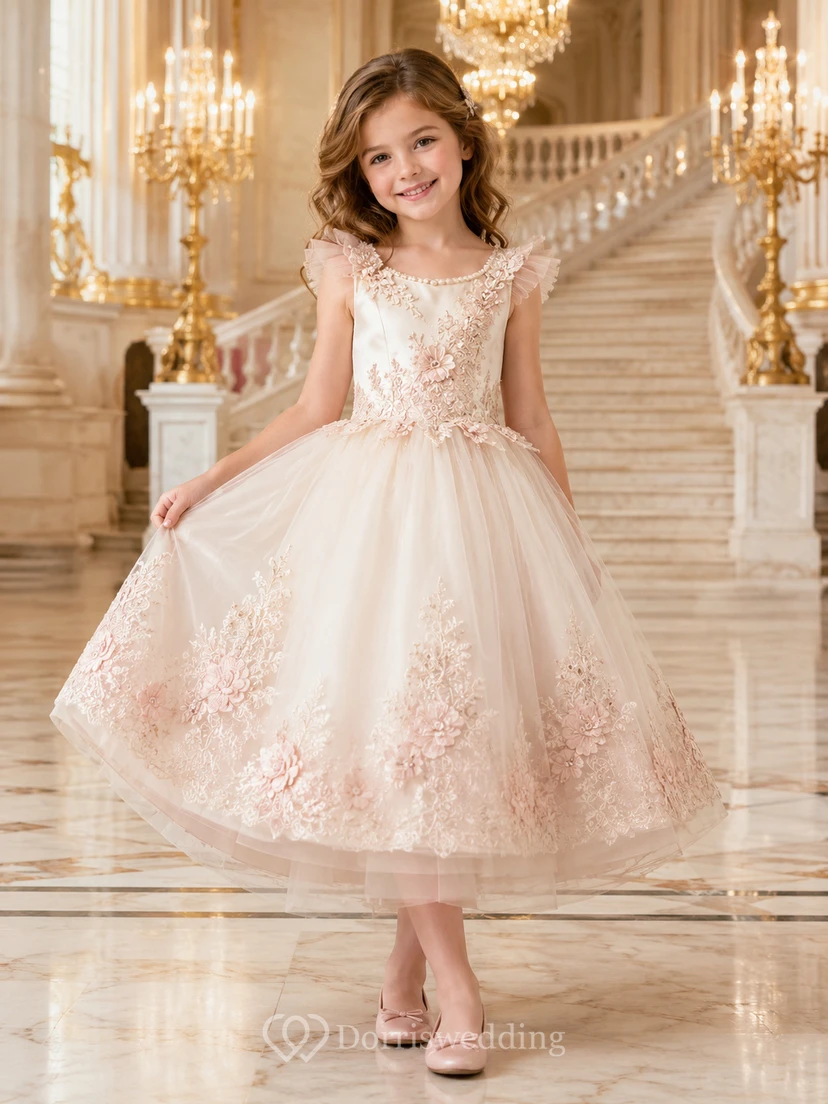 Vestido de niña de flores color marfil, plisado, de manga corta, largo hasta la rodilla, corte en A, con encaje floral en tono rosa empolvado, escote de perlas y lazo de satén extragrande en la espalda.