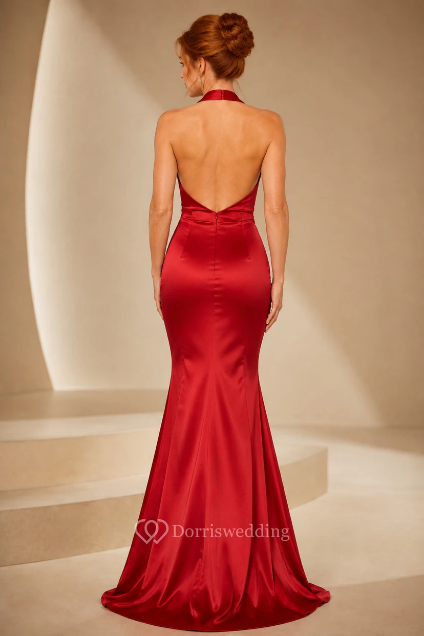 Red Halter Satin Mermaid Formal Dress with Rosette Waist Detail view 2
