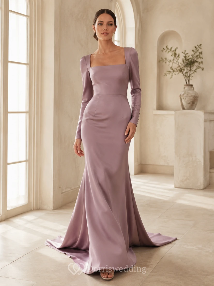 Mauvefarbenes Brautkleid aus Samt mit eckigem Ausschnitt, langen Ärmeln und Meerjungfrauen-Schleppe