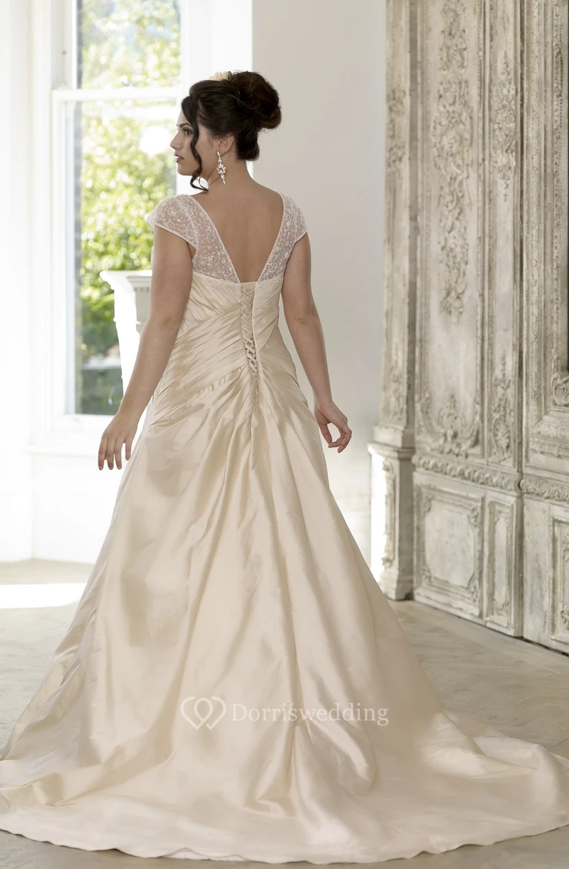 A-Line Floor-Length V-Neck Cap Satin Court Train Lace-Up Back Lace Dress view 2