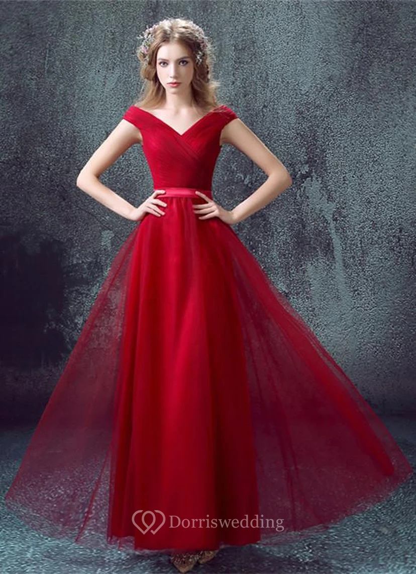 Newest Red Off-the-shoulder A-line Prom Dress Lace-up Floor-length
