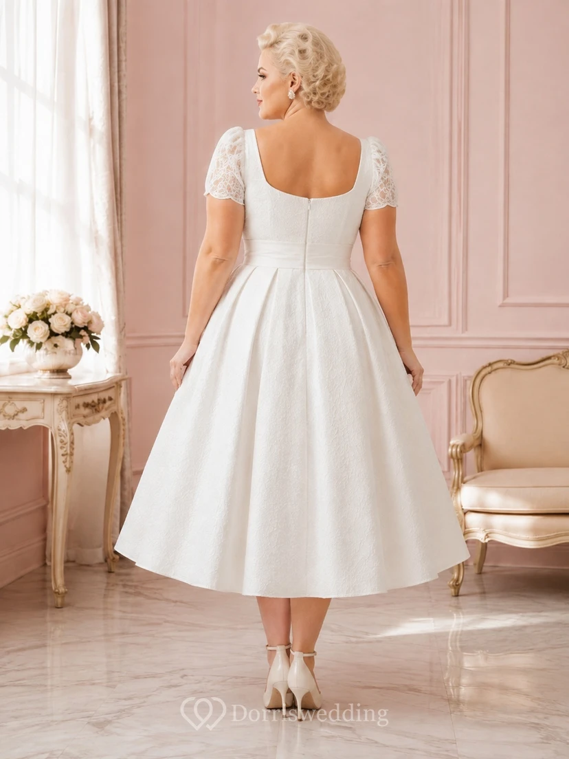 Schlichtes, wadenlanges Brautkleid im Stil der 1950er Jahre aus Satin in Übergröße mit eckigem Ausschnitt, Puffärmeln und A-Linien-Schnitt view 2