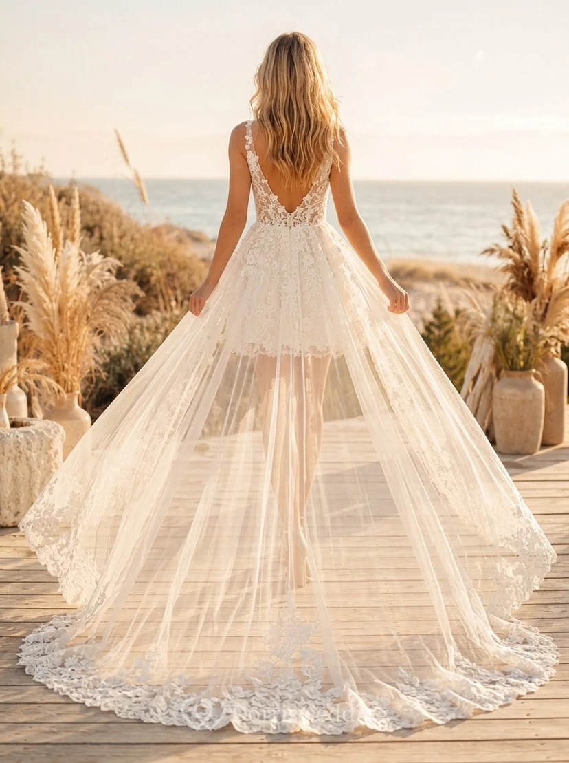 Robe de mariée courte en dentelle pour la plage avec traîne chapelle view 2
