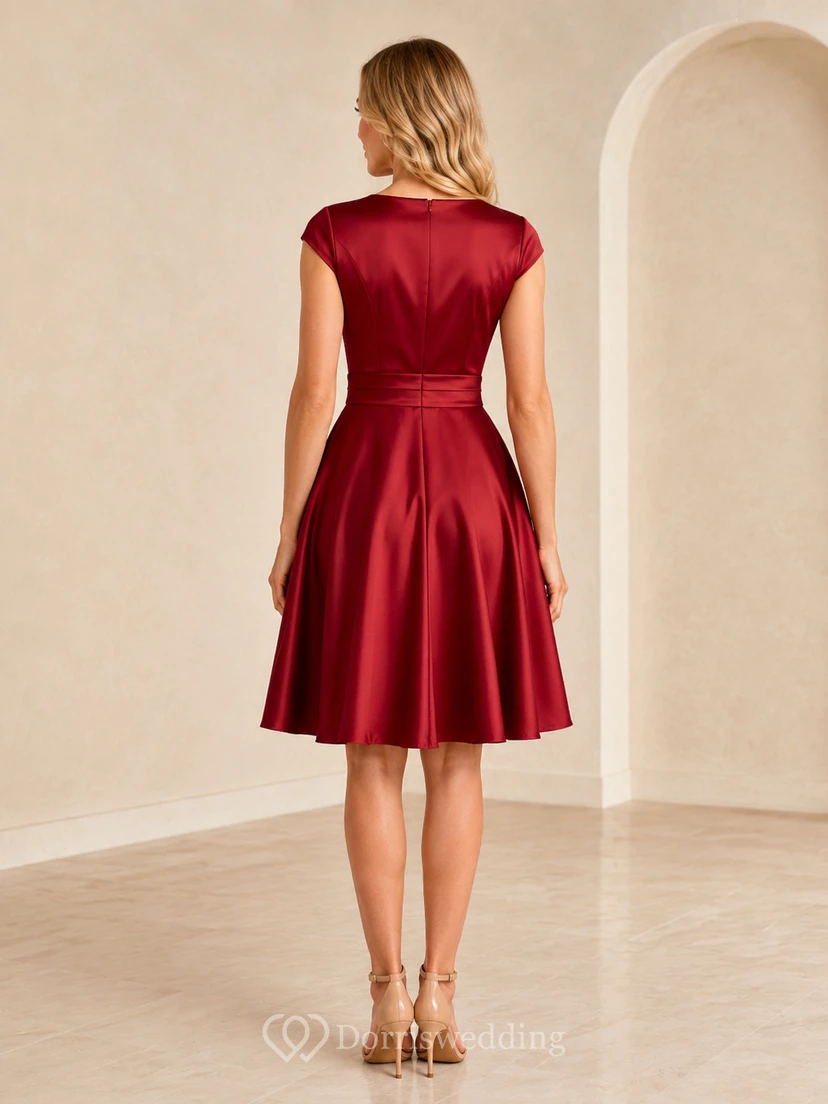 Rotes Cocktailkleid aus Satin mit V-Ausschnitt und kurzen Ärmeln view 2