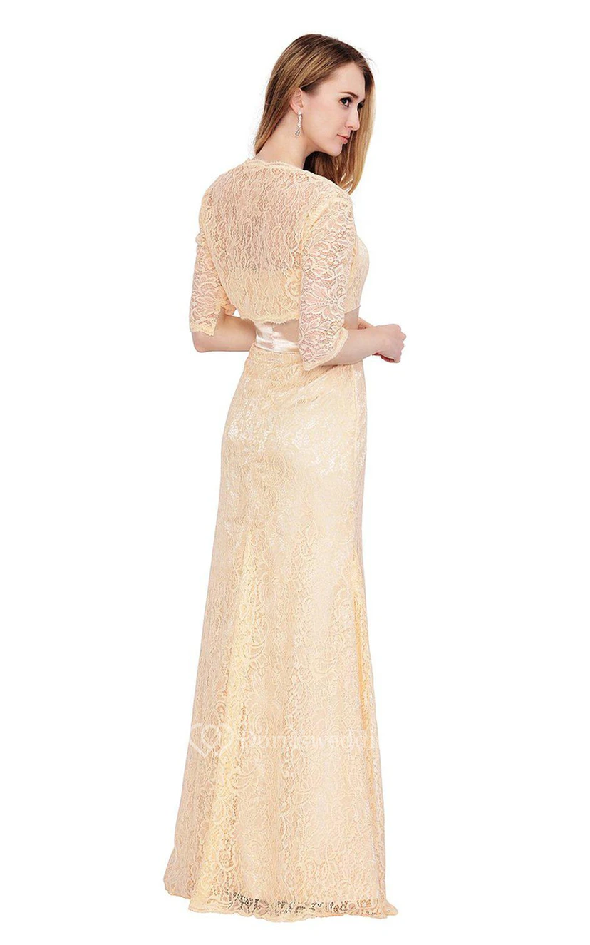 Trägerloses langes Spitzenkleid mit passender Jacke view 3