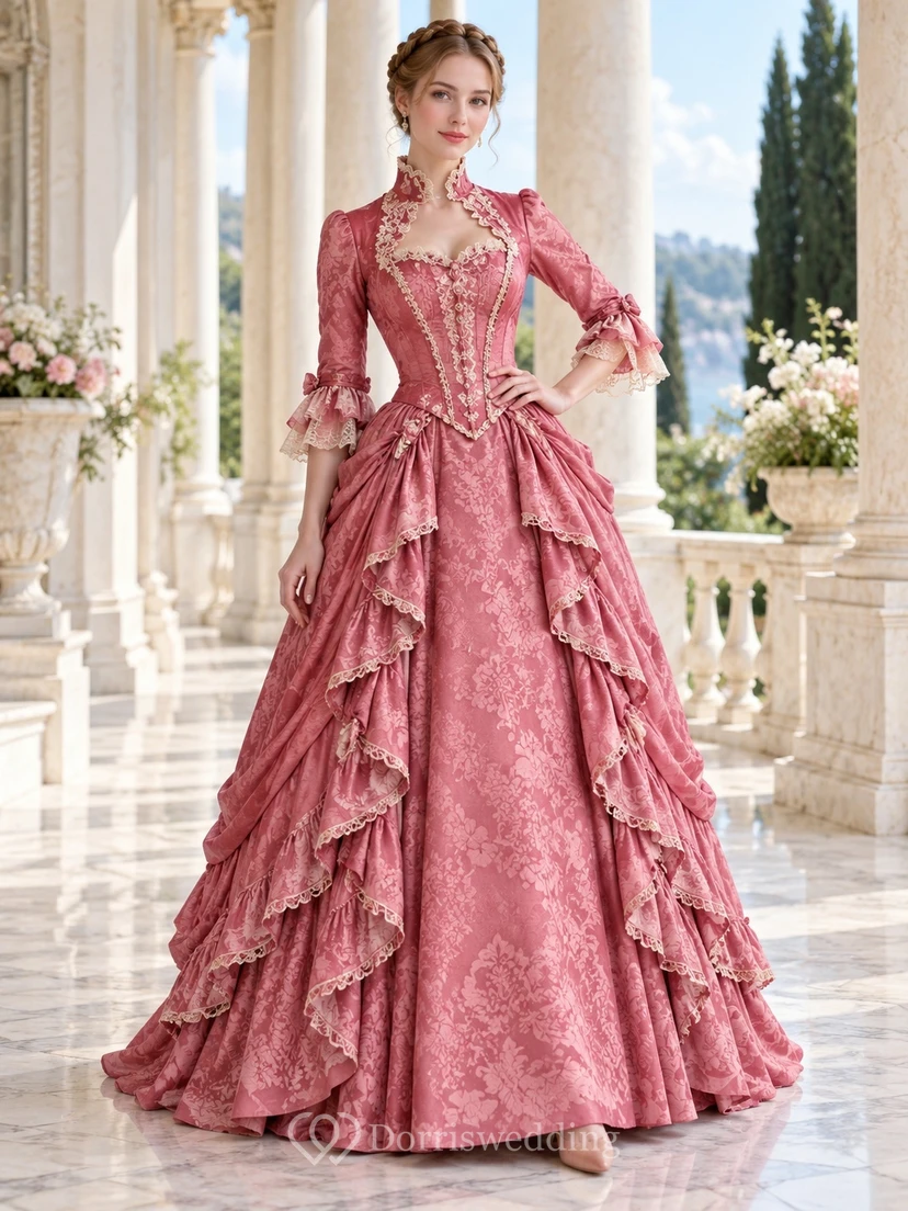 Robe de soirée vintage Renaissance rose poudré style reine Anne à manches à volants superposées