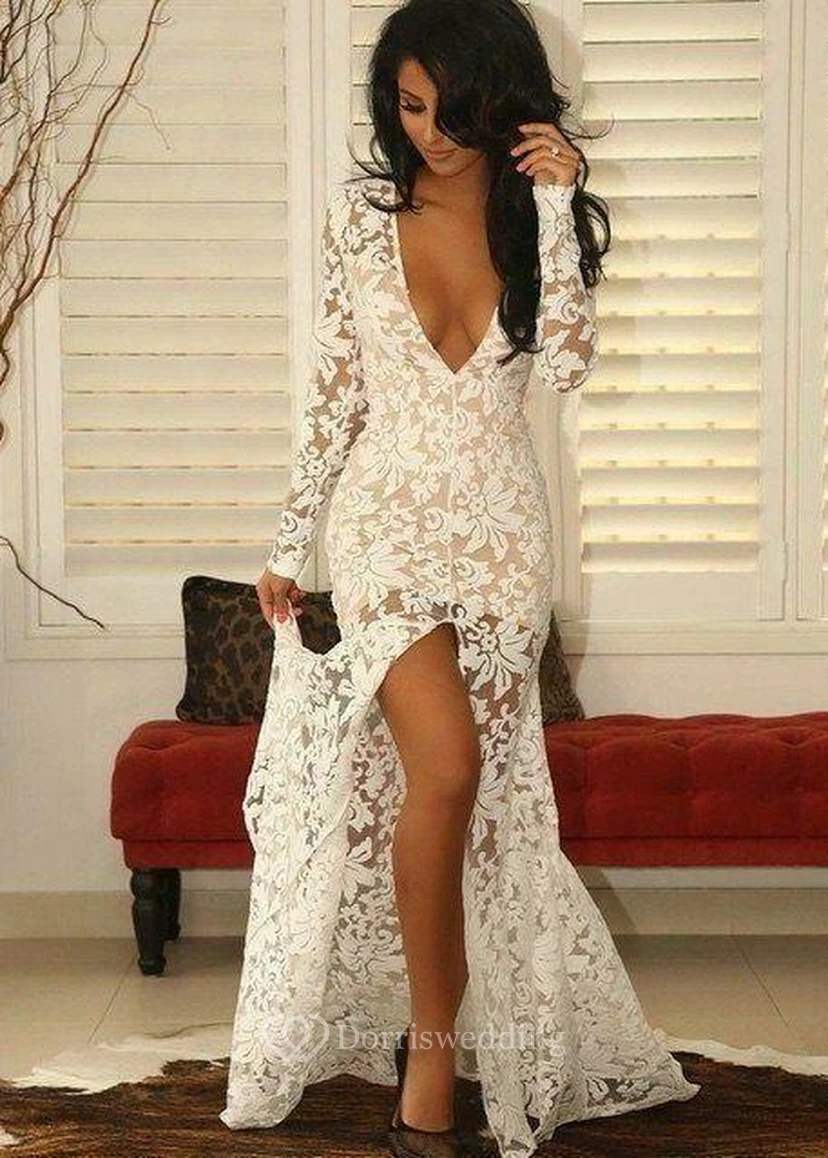Vestido de fiesta moderno de encaje con escote en V profundo y corte sirena, con abertura frontal y mangas largas. view 3