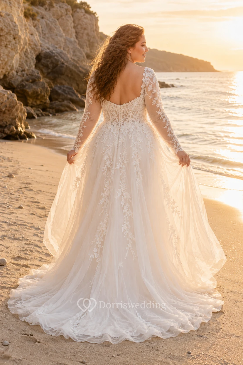 Elfenbeinfarbenes Brautkleid in Übergröße mit schulterfreiem Ausschnitt, A-Linien-Schnitt, langen Ärmeln und Spitze view 2