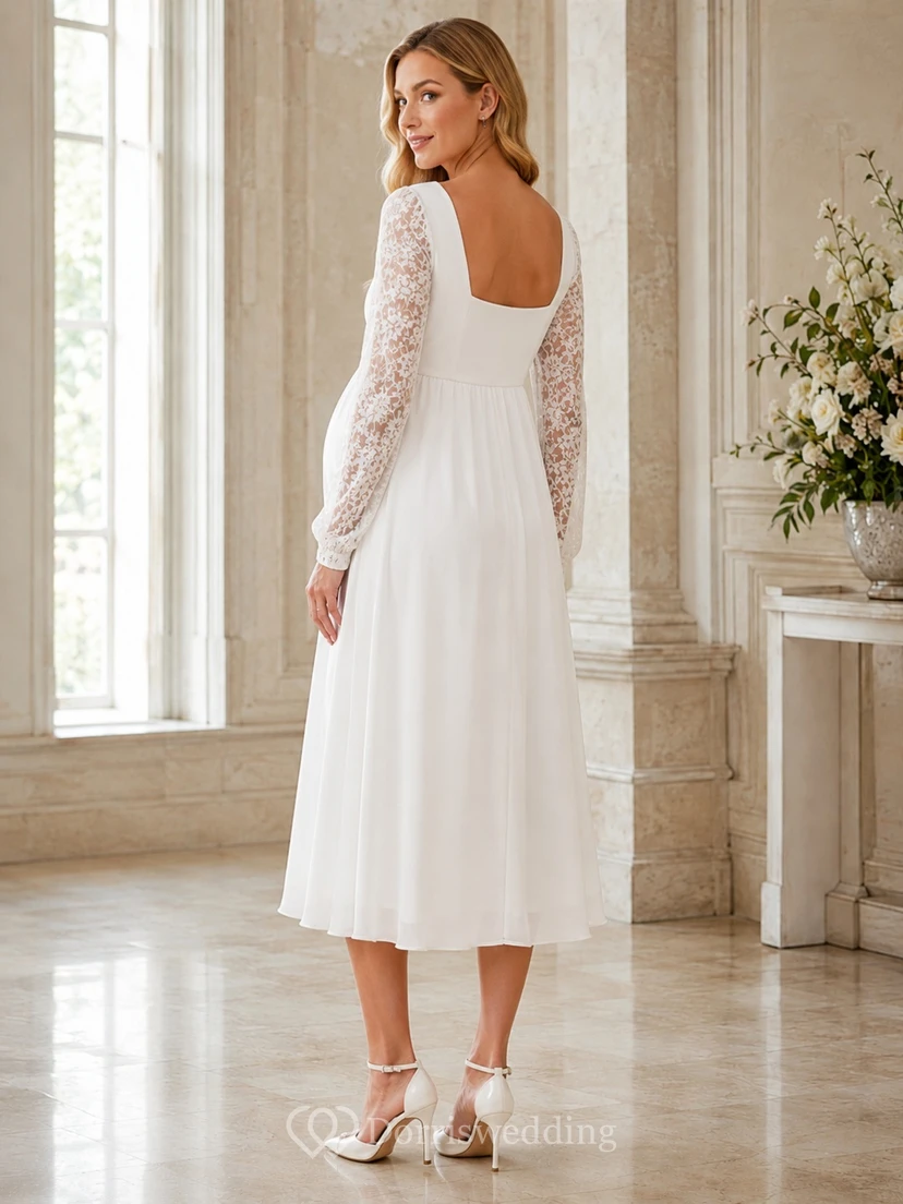 Maternity Lace Bodice Square-Neck A-Line Tea-Length Long-Sleeve Modest Bridal Dress view 2