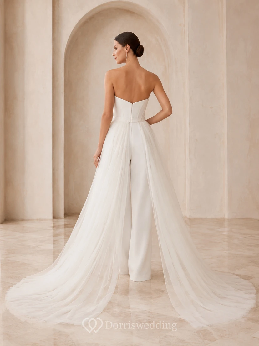 Minimalist Satin Tulle Wedding Jumpsuit Strapless Sweetheart Sweep Train view 2