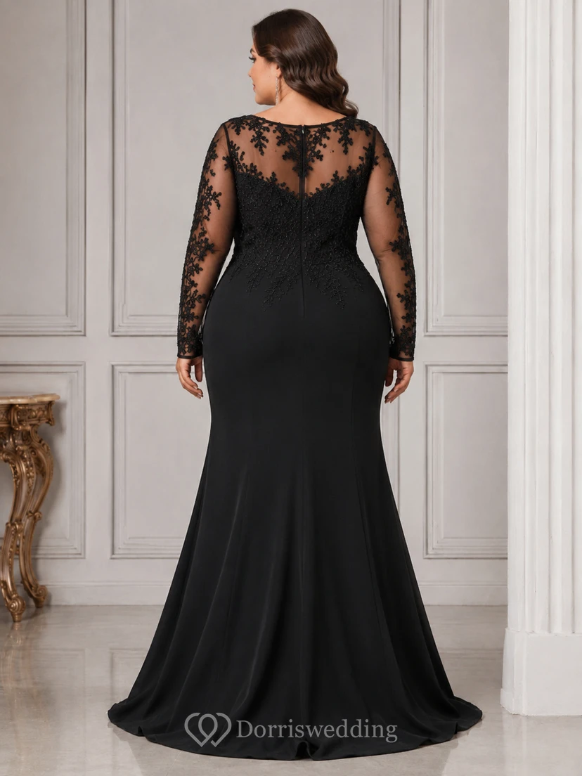 Robe de soirée grande taille sirène en dentelle, décolleté bateau, manches longues et perles de dentelle, longueur au sol view 2