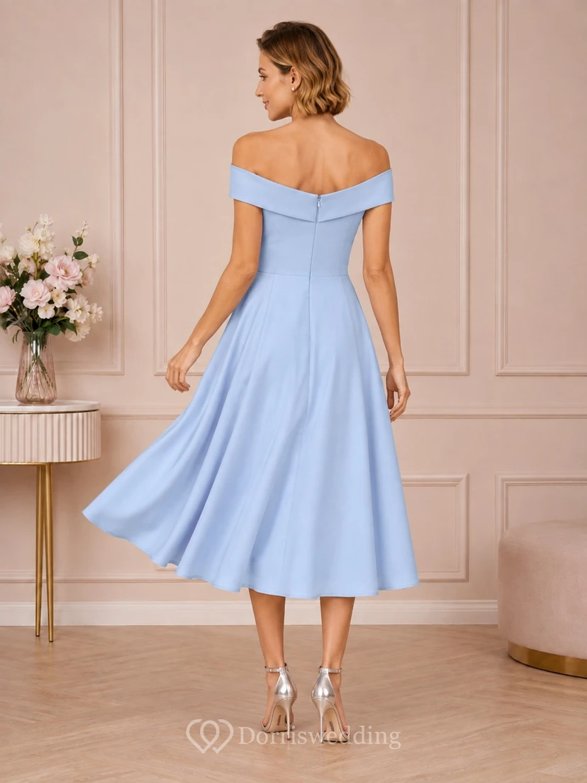 Sky Blue Off-the-shoulder Short Sleeve Satin Midi Dress view 2