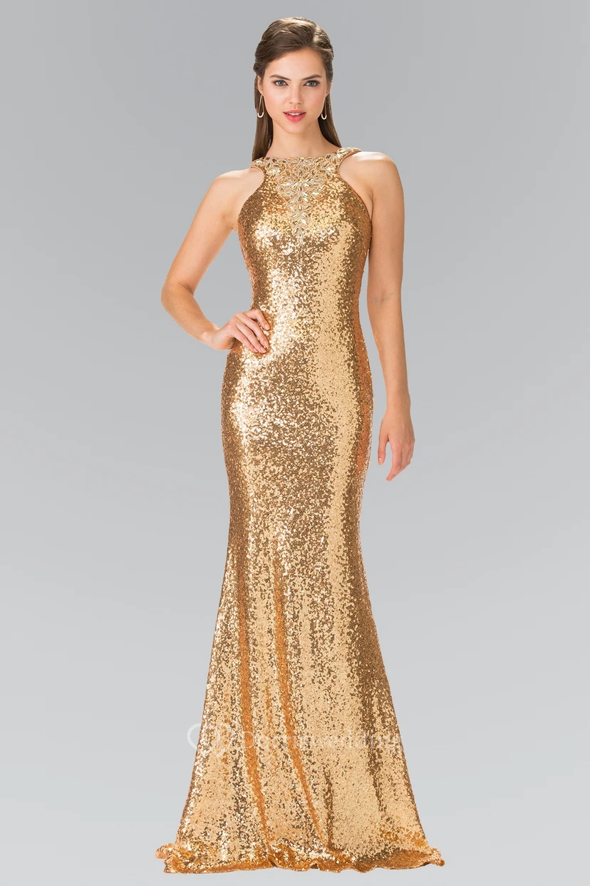 Sheath Floor-Length Jewel-Neck Sleeveless Sequins Dress