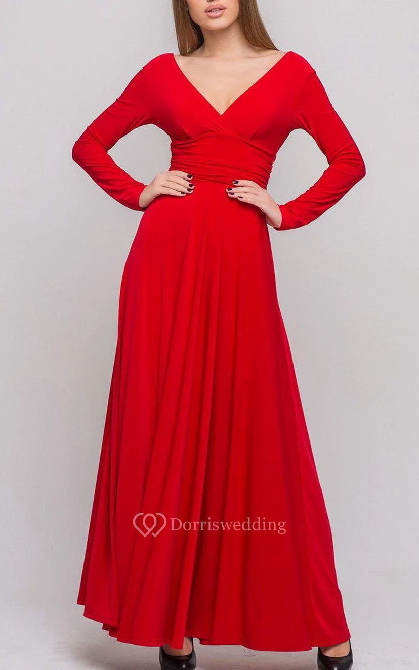 V Neck V Back Long Sleeve A-line Pleated Jersey Long Dress view 2