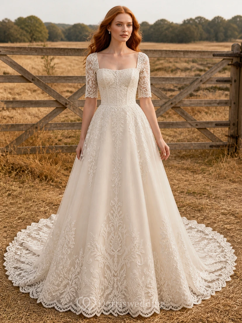 Vestido de novia modesto de corte A con mangas tres cuartos, escote cuadrado, encaje de vid y cola catedral.