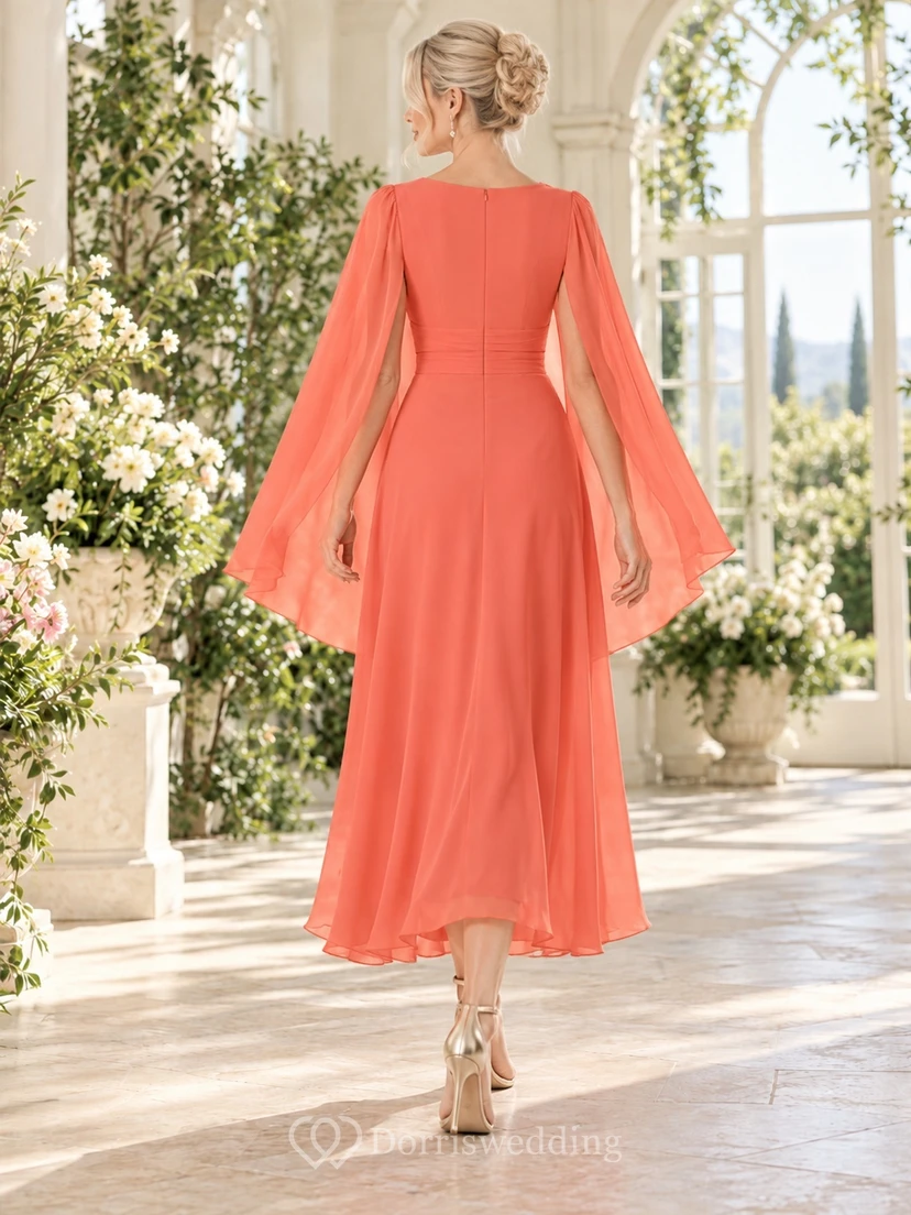 Coral Long Cape Sleeve V Neck Draped High-low Guest Dress view 2