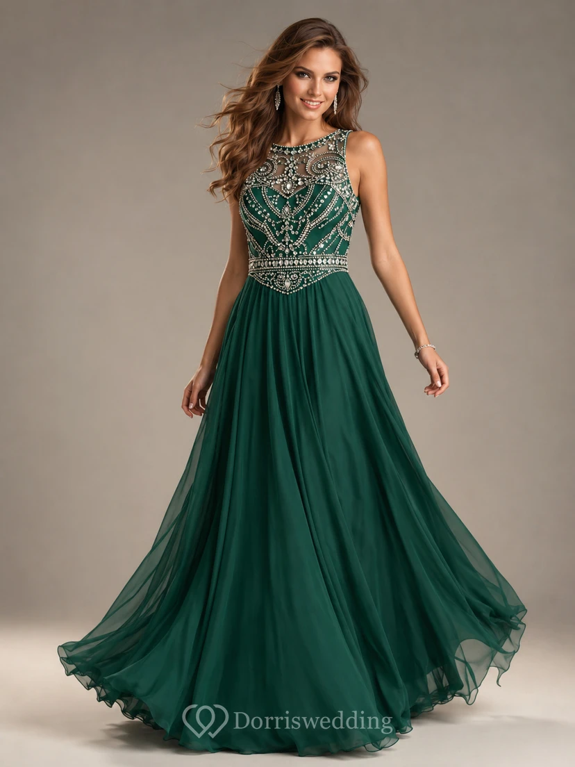 Vestido largo de gasa sin mangas con escote joya estilo sirena view 3