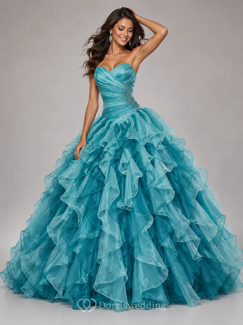 Dreaming Sweetheart Ruched Ball Gown With Cascading Ruffles and Rhinestones view 7