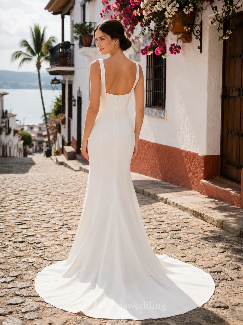 Robe de mariée fourreau en crêpe à bretelles et encolure carrée moderne, idéale pour une destination côtière view 2