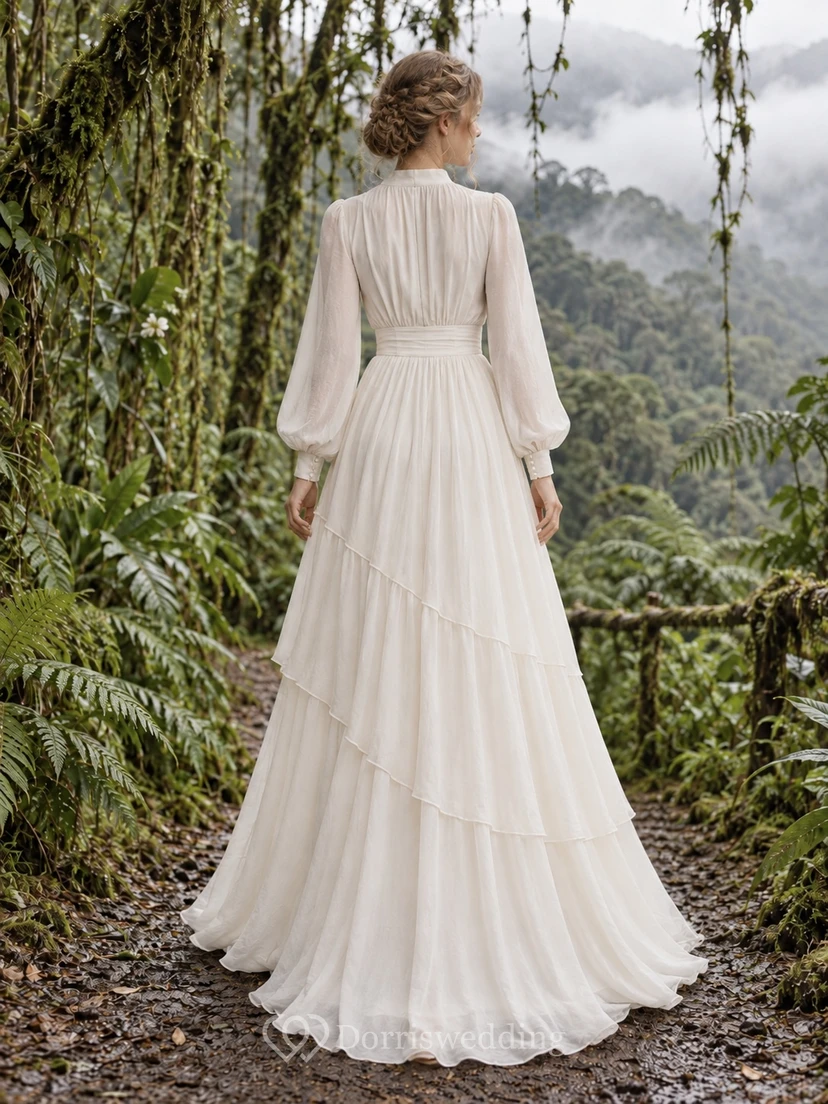 Schlichtes, langärmeliges Brautkleid aus Baumwollvoile mit Knöpfen und diagonal gestuftem A-Linien-Rock view 2