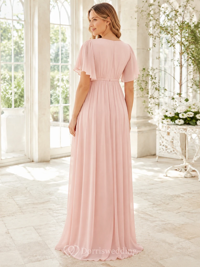Blush Pink Maternity V Neck Flutter Sleeve Chiffon Floor Length Empire Dress view 2