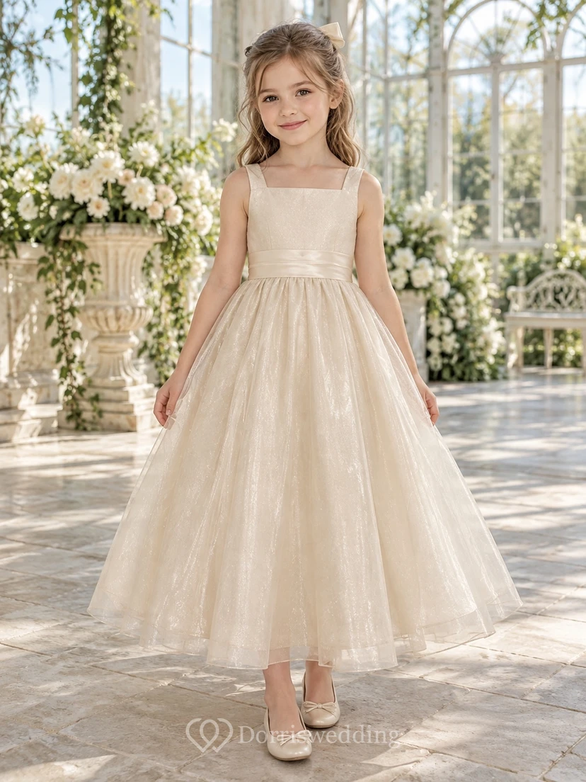 Square Neck Champagne Sleeveless Sash Shimmering Organza A-line Flower Girl Dress