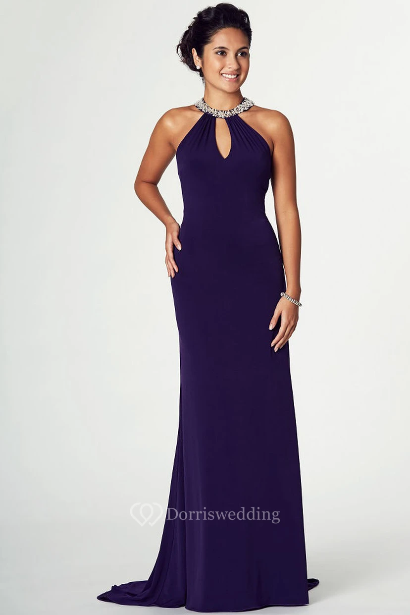 High Neck Beaded Sleeveless Chiffon Prom Dress With Brush Train