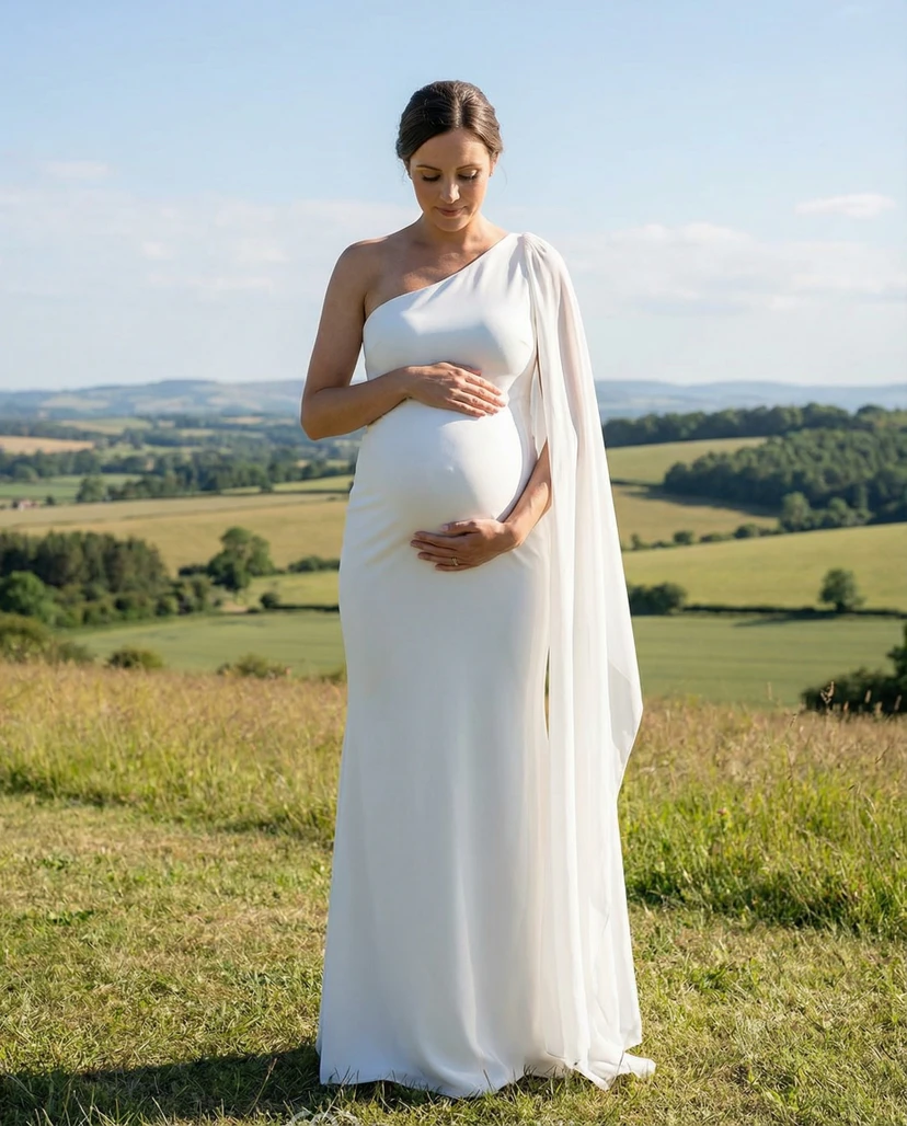 One Shoulder Maternity Wedding Dress with Draped Cape and Sleek Sheath Skirt
