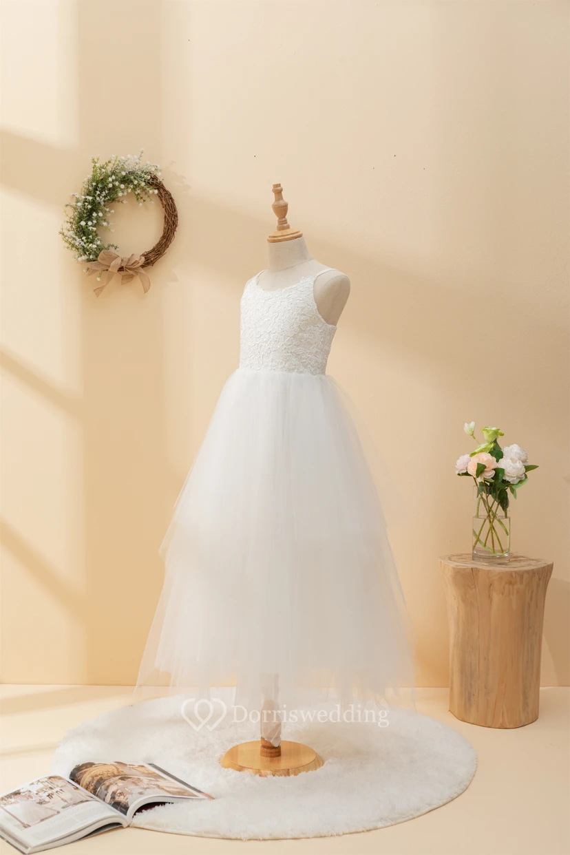 Casual Spaghetti Lace Top A-line Flowergirl Dress with Tulle Skirt view 4