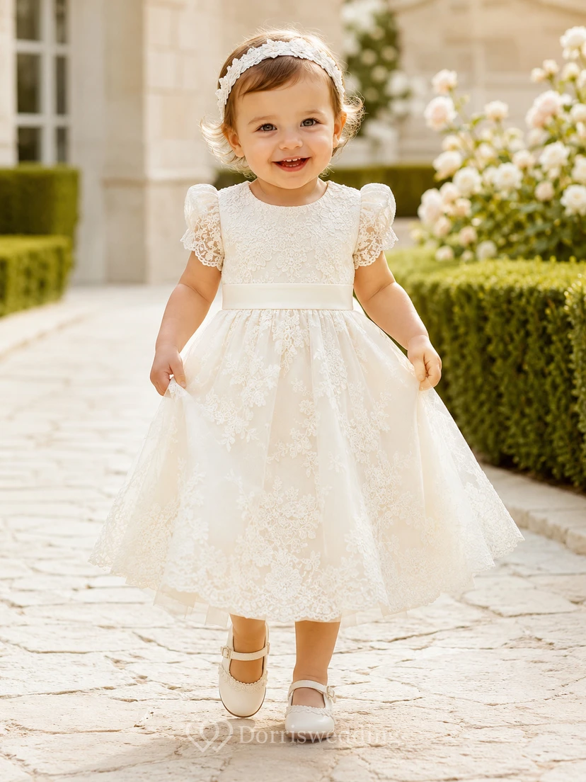 Baby Baptism Christening Ceremony Dress A-Line Tea-Length Jewel Neck Cap Sleeve Tulle Lace Sash Bow Back