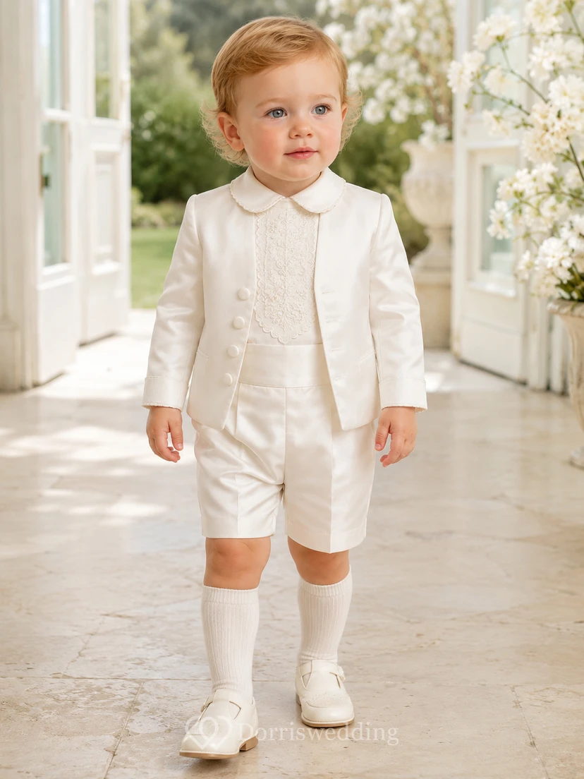 Elegant Cream Long Sleeve Embroidered Baby Boy Christening Short Suit